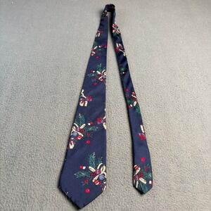 Resilio Mens Christmas Holiday Tie Navy Blue Ornaments Pine Berries Silk Blend